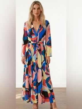 NWT CBR belted Abstract Multi-Color Long Sleeve Maxi Dress size XL